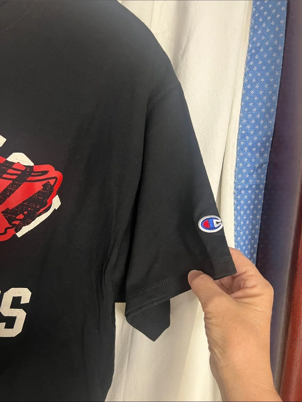 Champion XL Black Short Sleeve Tee with Red Track Graphic and White Text - Picture 5 of 6